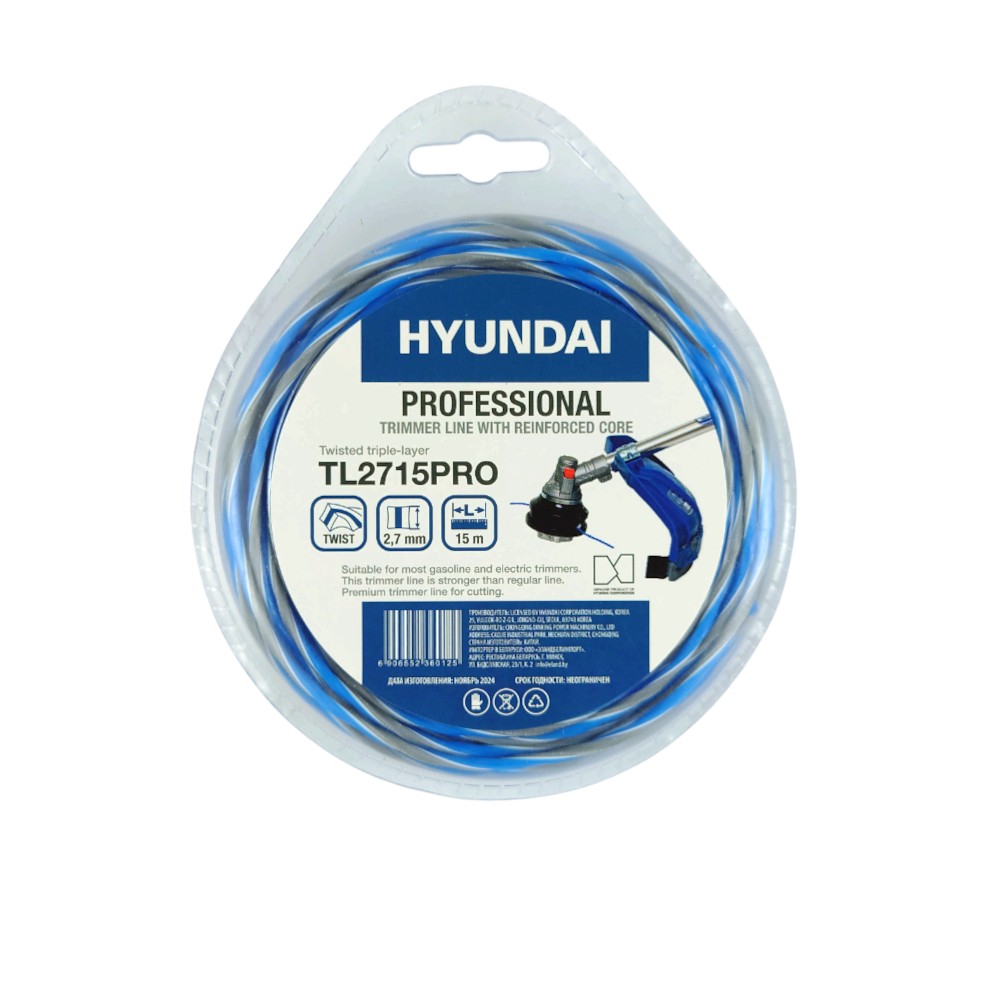 Леска для триммера HYUNDAI TL-2715 PRO 2,7мм*15м,трехсл.витая (отгружается кратно 10 шт)